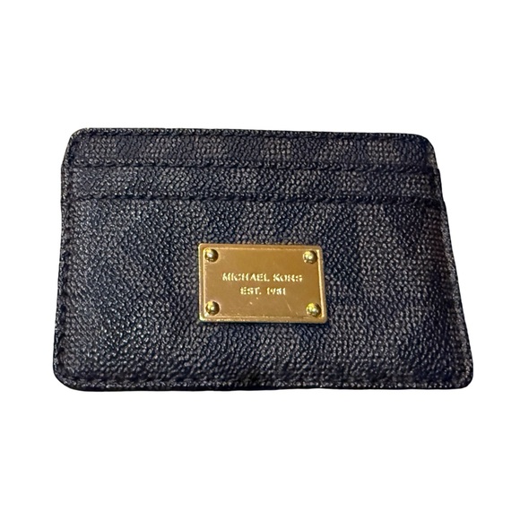 Michael Kors Brown Signature Card Holder Slim Wallet NWOT Gold Logo - Picture 2 of 6